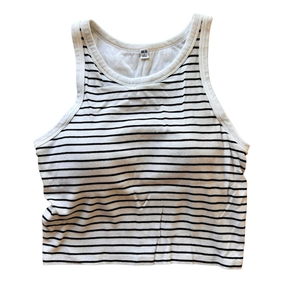 Uniqlo White and Black Striped Cropped Tank Top with Built-In Bra